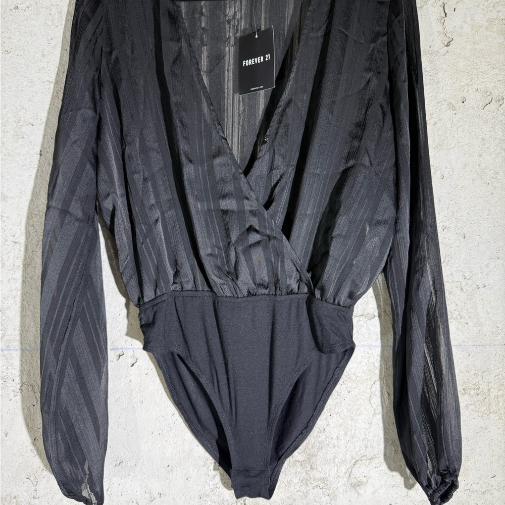 Forever 21 Charcoal Sheer Long Sleeve Bodysuit